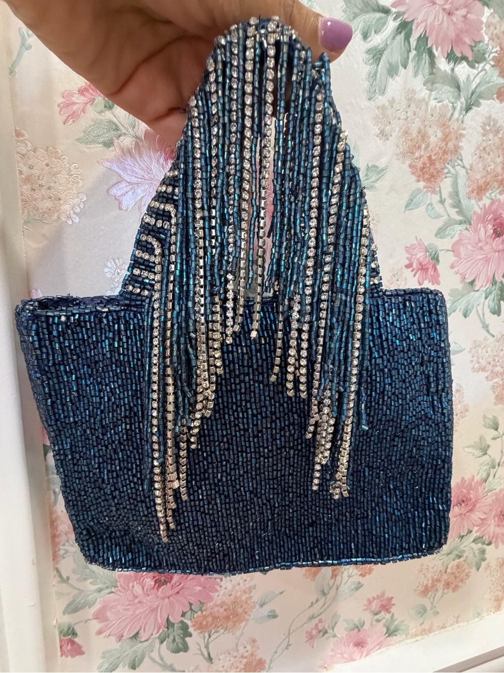See the details in the picturesBeaded Teal Evening Clutch with Rhinestone Fringe